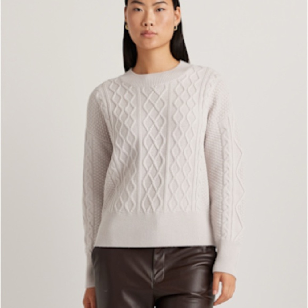 Quince Australian Merino Wool Cable Sweater - Cream/Light Beige/Light Grey